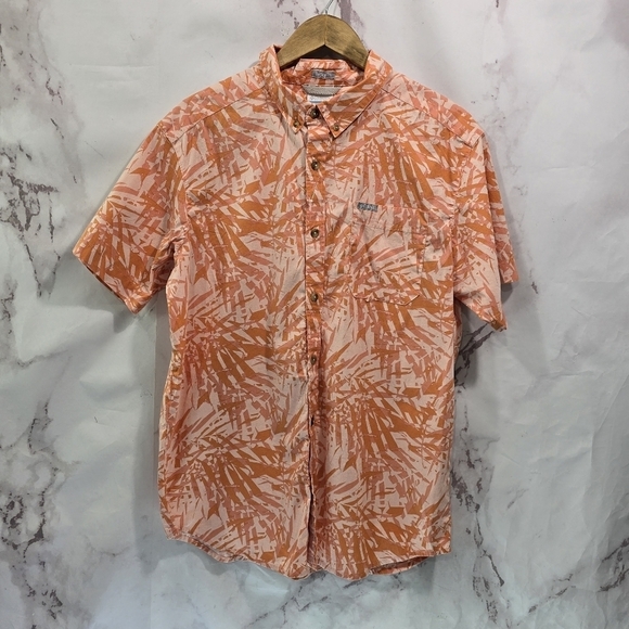 Columbia Shirt Mens Large Orange Pink Short Sleeve Button Camp Tropical Hawaiian - Picture 1 of 11